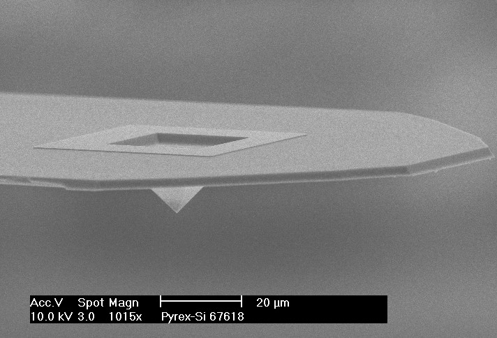 Hollow SiO2 AFM tip on Silicon AFM Cantilevers NANOSENSORS™ Special Developments List (SDL)